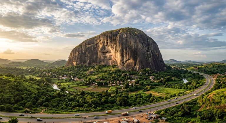 Zuma Rock monolith rising above the road near Abuja, Nigeria